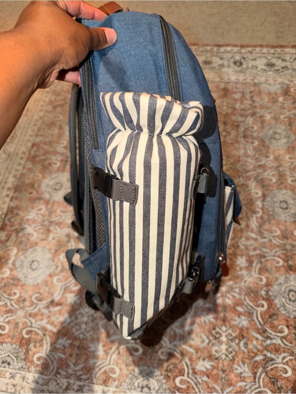 Sunflora blue and white striped picnic backpack. - Picture 7 of 11